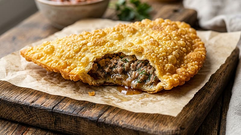 Хрустящий чебурек в разрезе с сочной мясной начинкой