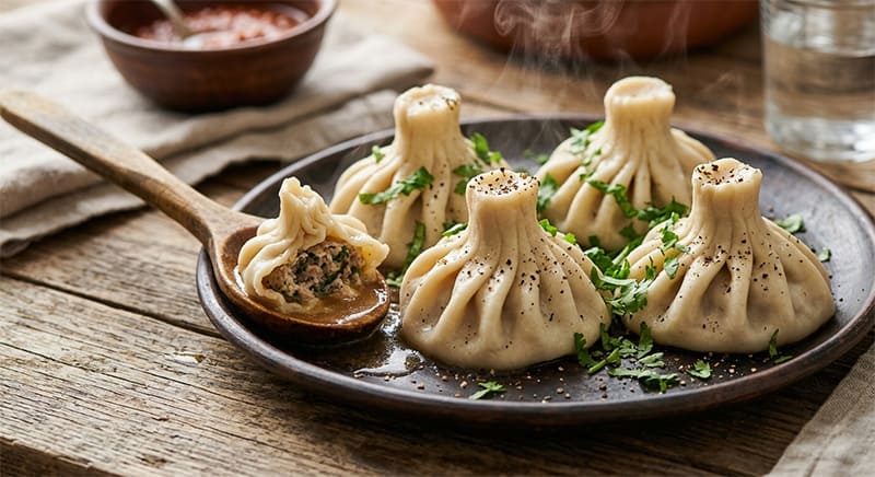 Сочные хинкали из мяса индейки готовые к употреблению